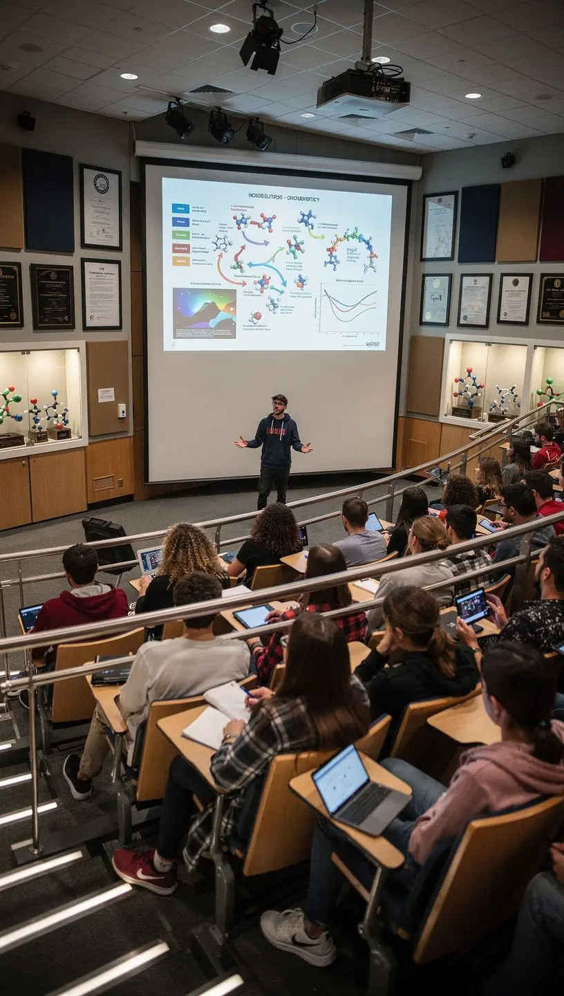 Kémiai laboratóriumi környezet, ahol diákok kísérleteznek és tanulnak az anyagok reakcióiról.