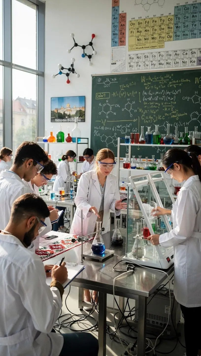 Kémiai reakciók folyamatának bemutatása laboratóriumi környezetben.