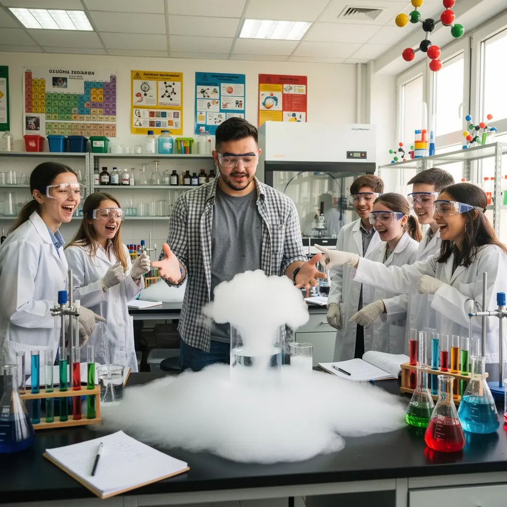 Kémiai reakciók folyamatának bemutatása laboratóriumi környezetben.