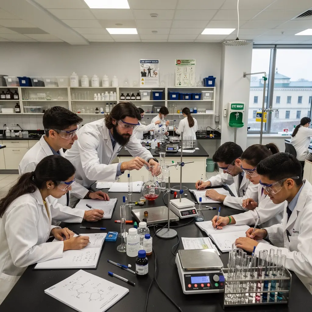 Kémiai reakciók folyamatának bemutatása laboratóriumi környezetben.